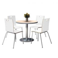 Round KFI Round 36" Dia. Pedestal Table with 4 White Stacking Bentwood Chairs, Natural Laminate Top