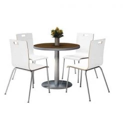 Round KFI Round 42" Dia. Pedestal Table with 4 White Stacking Bentwood Chairs, Walnut Laminate Top