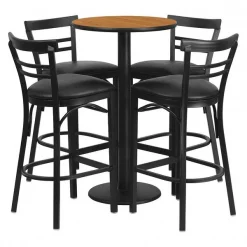 Flash Furniture Natural Bar Table, Rnd Base, Blk Seats, 24", 24" W, 24" L, 42" H, Laminate Top, Wood Grain