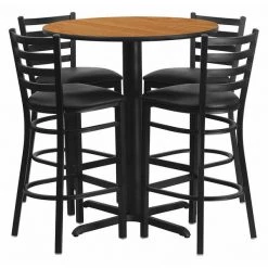 Flash Furniture Natural Bar Table, X-Base w/Black Seats, 30" W, 30" L, 42" H, Laminate Top, Wood Grain