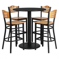 Flash Furniture Blk Bar Table, Rnd w/Natural Seats, 36", 36" W, 36" L, 42" H, Laminate Top, Wood Grain