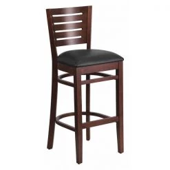 Flash Furniture Wood Barstool, Walnut, Slat Back, Blk Viny